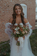 Ivory Mermaid Wedding Dress Sweetheart Deep V 3D Floral Lace Applique with Detachable Sheer Tulle Puff Long Sleeves Bow Tie Romantic Bridal Gown