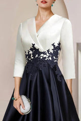 Ivory Navy Two Tone Satin Mother of the Bride Dress V-Neck 3/4 Sleeve Lace Applique High Low A-Line Formal Gown