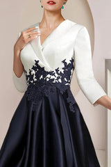 Ivory Navy Two Tone Satin Mother of the Bride Dress V-Neck 3/4 Sleeve Lace Applique High Low A-Line Formal Gown