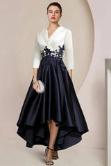 Ivory Navy Two Tone Satin Mother of the Bride Dress V-Neck 3/4 Sleeve Lace Applique High Low A-Line Formal Gown