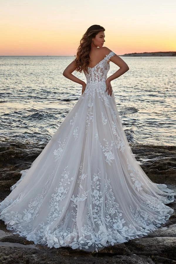 Ivory Off Shoulder Wedding Dress Ball Gown Illusion Lace Boned Corset 3D Floral Applique Tulle Skirt Cathedral Train Bridal Gown