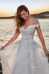 Ivory Off Shoulder Wedding Dress Ball Gown Illusion Lace Boned Corset 3D Floral Applique Tulle Skirt Cathedral Train Bridal Gown
