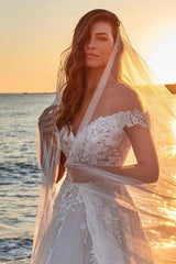 Ivory Off Shoulder Wedding Dress Ball Gown Illusion Lace Boned Corset 3D Floral Applique Tulle Skirt Cathedral Train Bridal Gown