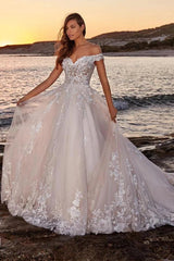 Ivory Off Shoulder Wedding Dress Ball Gown Illusion Lace Boned Corset 3D Floral Applique Tulle Skirt Cathedral Train Bridal Gown