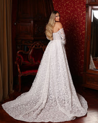 Ivory Off-the-Shoulder Long Sleeve Ball Gown Wedding Dress Full Lace Applique Cathedral Train Bridal Gown