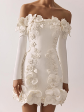White off-the-shoulder applique bodycon evening dress