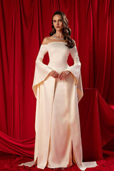 Ivory Off-the-Shoulder Long Sleeve Column Satin Ruffled Floor Length Formal Evening Gown