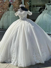 Ivory Off-the-Shoulder Short Sleeve Lace Applique Beaded Ball Gown Quinceanera Dress