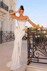 White off-the-shoulder beaded mermaid evening dress