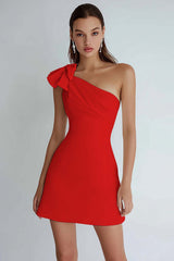 Ivory Satin A Line One Shoulder Short Homecoming Dress with Bow