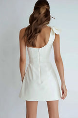 Ivory Satin A Line One Shoulder Short Homecoming Dress with Bow