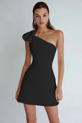 Ivory Satin A Line One Shoulder Short Homecoming Dress with Bow