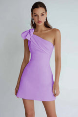 Ivory Satin A Line One Shoulder Short Homecoming Dress with Bow