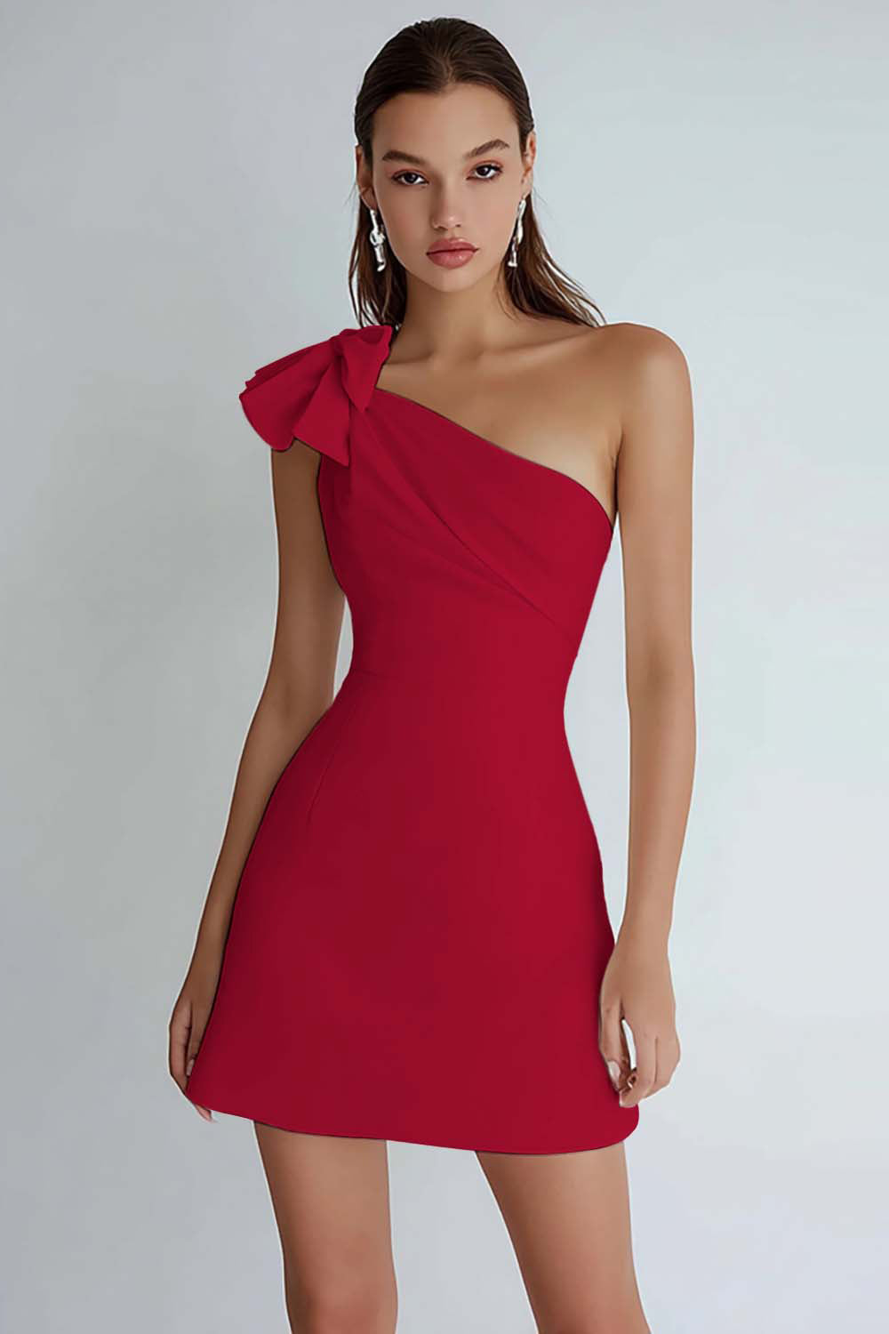 Ivory Satin A Line One Shoulder Short Homecoming Dress with Bow