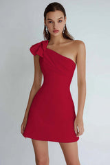 Ivory Satin A Line One Shoulder Short Homecoming Dress with Bow