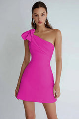 Ivory Satin A Line One Shoulder Short Homecoming Dress with Bow