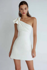Ivory Satin A Line One Shoulder Short Homecoming Dress with Bow