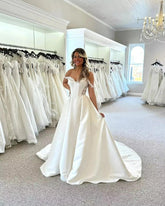 Ivory Satin A-line Wedding Dress Off-the-shoulder Sweetheart Corset Bodice Lace Applique Button Back Cathedral Train Bridal Gown