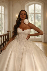 Ivory Satin Ball Gown Wedding Dress Strapless Scalloped Sweetheart Illusion Lace Corset Crystal Beading Princess Bridal Gown with Cathedral Train