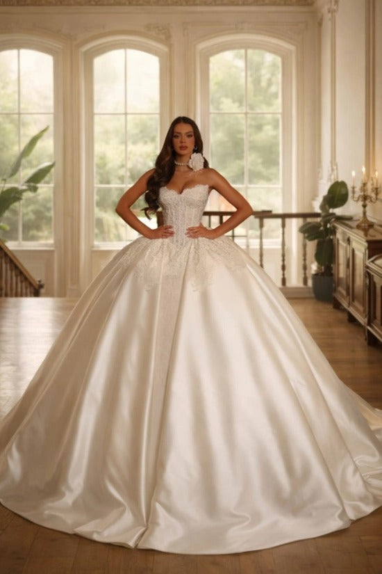 Ivory Satin Ball Gown Wedding Dress Strapless Scalloped Sweetheart Illusion Lace Corset Crystal Beading Princess Bridal Gown with Cathedral Train