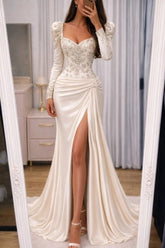 Ivory Satin Mermaid Evening Dress Sweetheart Puff Long Sleeve Crystal Beading Corset Ruched Side Slit Open Back Formal Gown