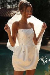 Ivory Satin Mini Wedding Dress Strapless Diagonal Ruched Corset Bodice Scattered Crystal Butterfly Floral Embroidery Bubble Tulip Skirt Short Bridal Gown