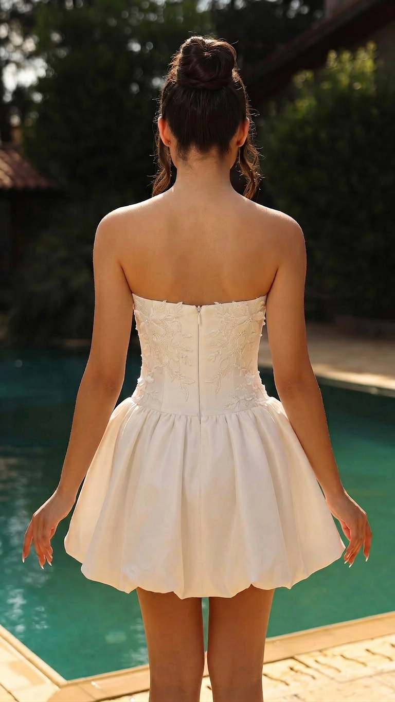 Ivory Satin Mini Wedding Dress Strapless Diagonal Ruched Corset Bodice Scattered Crystal Butterfly Floral Embroidery Bubble Tulip Skirt Short Bridal Gown