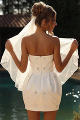 Ivory Satin Mini Wedding Dress Strapless Diagonal Ruched Corset Bodice Scattered Crystal Butterfly Floral Embroidery Bubble Tulip Skirt Short Bridal Gown