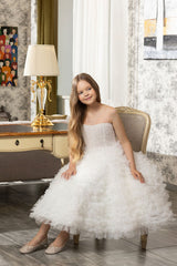 Ivory Sequin Flower Girl Dress Illusion Neckline Sleeveless Ruffles Tiered Tulle Skirt Flower Girl Dress