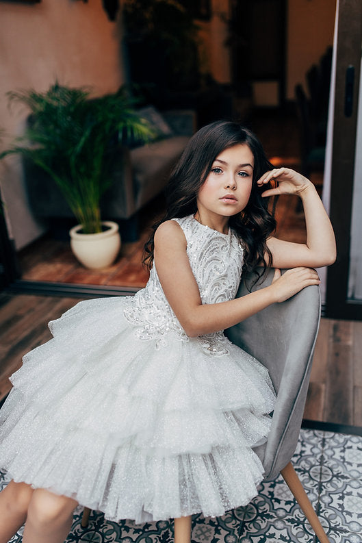 Ivory Sequin Flower Girl Dress Jewel Neck Sleeveless Ruffles Tiered Tulle Skirt Flower Girl Dress