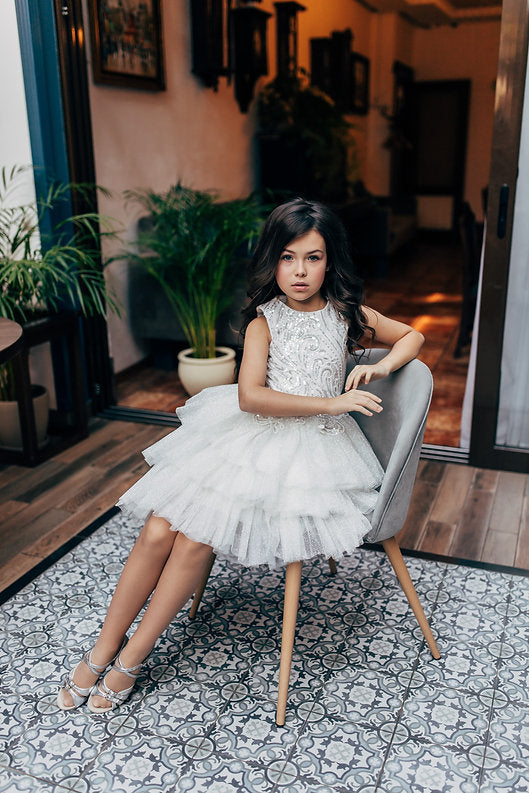 Ivory Sequin Flower Girl Dress Jewel Neck Sleeveless Ruffles Tiered Tulle Skirt Flower Girl Dress