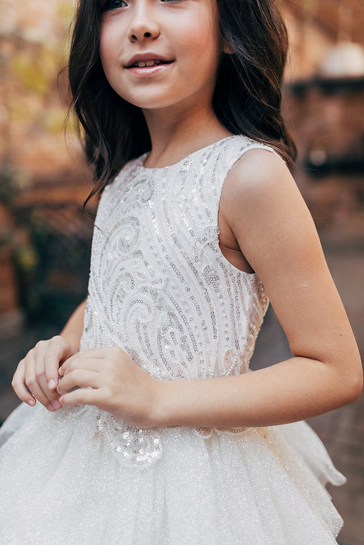 Ivory Sequin Flower Girl Dress Jewel Neck Sleeveless Ruffles Tiered Tulle Skirt Flower Girl Dress