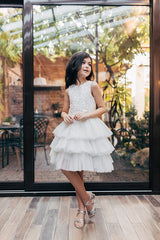Ivory Sequin Flower Girl Dress Jewel Neck Sleeveless Ruffles Tiered Tulle Skirt Flower Girl Dress