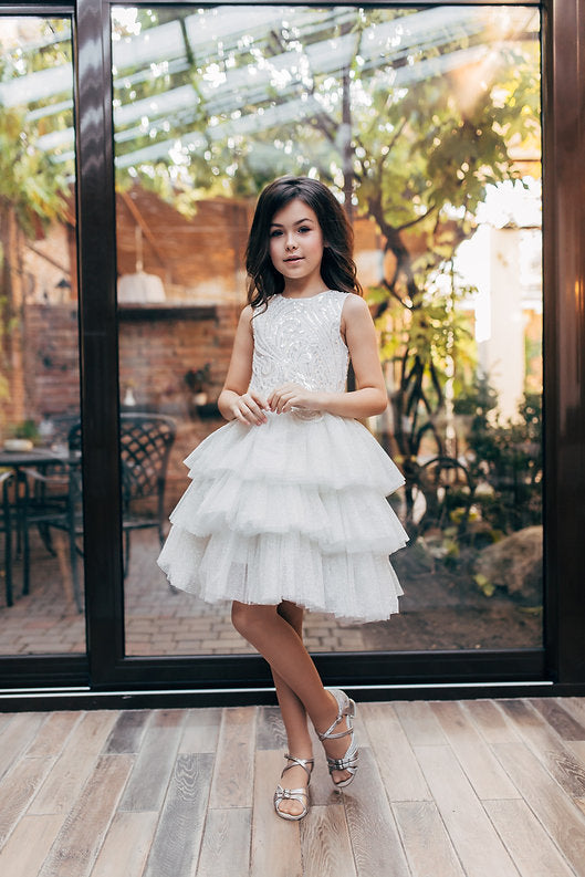 Ivory Sequin Flower Girl Dress Jewel Neck Sleeveless Ruffles Tiered Tulle Skirt Flower Girl Dress