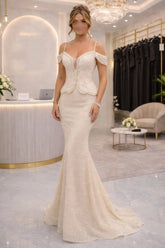 Ivory Sequin Mermaid Wedding Dress Cold Shoulder Spaghetti Straps Deep V-Neck Pearl Beading Peplum Bridal Gown with Train