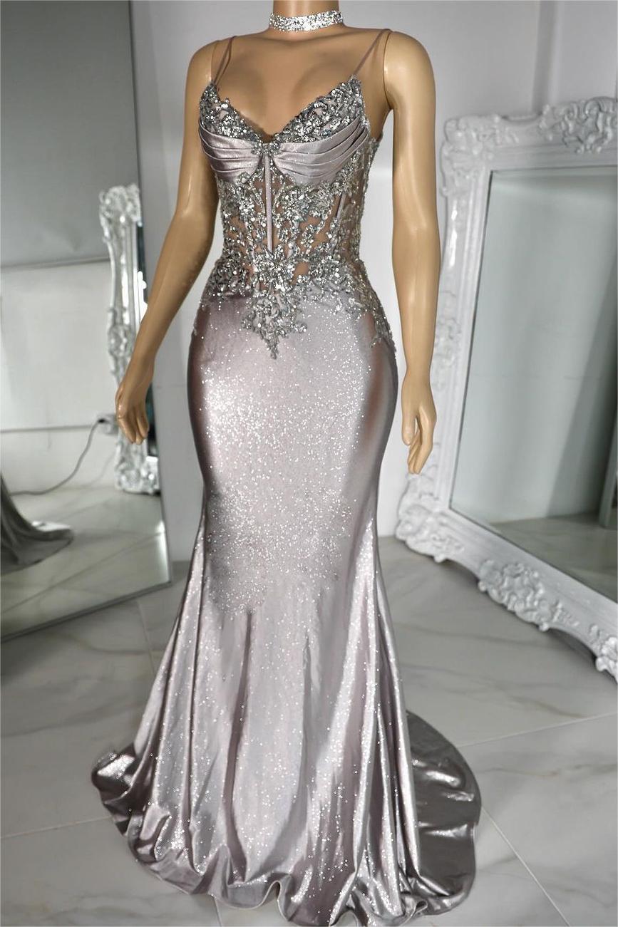 Ivory Spaghetti Strap Sleeveless Pleated Mermaid Long Formal Dress With Appliques