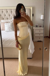 Ivory Strapless Sleeveless Corset Lace-Up Back Satin Bodycon Floor Formal Evening Gown