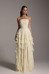 Champagne strapless ruffled mermaid evening dress