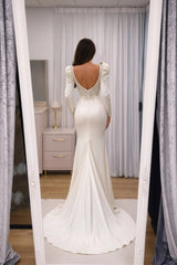 Ivory Sweetheart Long Sleeve Beaded Mermaid Satin Slit Floor Length Formal Evening Gown