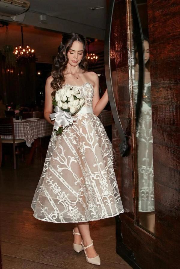 Ivory Tea Length Wedding Dress Strapless Sweetheart Sheer Illusion Boned Corset All-Over Ivory Baroque Scroll Vine Lace Embroidery Lace-Up Back White ... Ivory Tea Length Wedding Dress Strapless Sweetheart Sheer Illusion Boned Corset All-Over Ivory Baroque Scroll Vine Lace Embroidery Lace-Up Back White ...