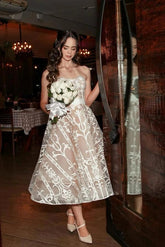 Ivory Tea Length Wedding Dress Strapless Sweetheart Sheer Illusion Boned Corset All-Over Ivory Baroque Scroll Vine Lace Embroidery Lace-Up Back White Satin Bow Waist Sash A-Line Bridal Gown