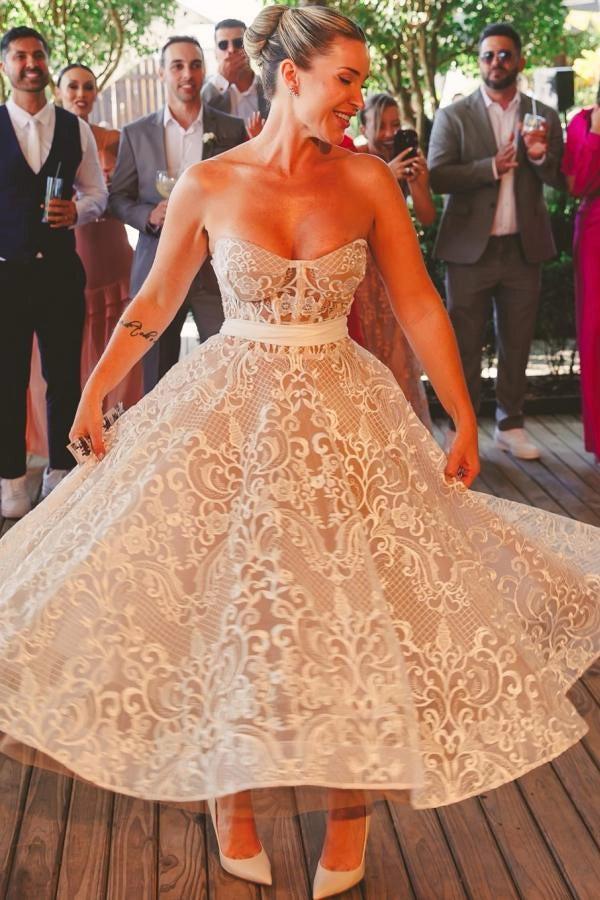 Ivory Tea Length Wedding Dress Strapless Sweetheart Sheer Illusion Boned Corset All-Over Ivory Gold Baroque Ivory Tea Length Wedding Dress Strapless Sweetheart Sheer Illusion Boned Corset All-Over Ivory Gold Baroque