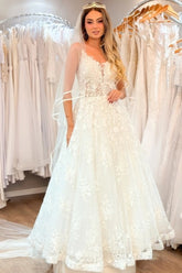 Ivory Tulle A-Line Wedding Dress Spaghetti Straps Scoop Neck Illusion 3D Floral Lace Applique Open Back Bridal Gown with Sweep Train