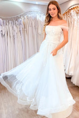 Ivory Tulle A-Line Wedding Dress Strapless 3D Floral Lace Applique Corset Off-Shoulder Wrap Sweep Train Bridal Gown with Pockets