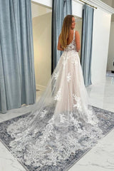 Ivory Tulle A-Line Wedding Dress V-Neck Spaghetti Straps Sheer Illusion 3D Floral Lace Applique Bodice Scattered Lace Trim Open Back Cathedral Train Bridal Gown