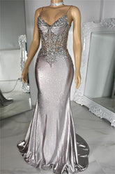Silver v-neck beaded mermaid evening dress