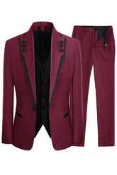 Jean New Burgundy Shawl Lapel Three-Piece Prom Suit