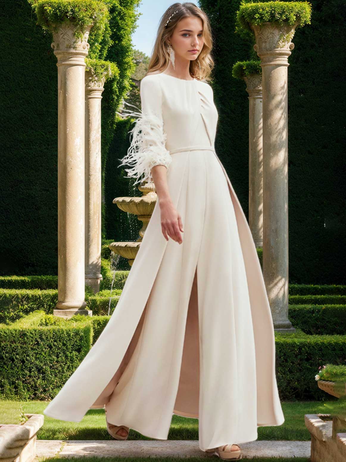 Jewel Neck Half Sleeves Ankle-Length Mother Of The Bride Pantsuits With Feathers