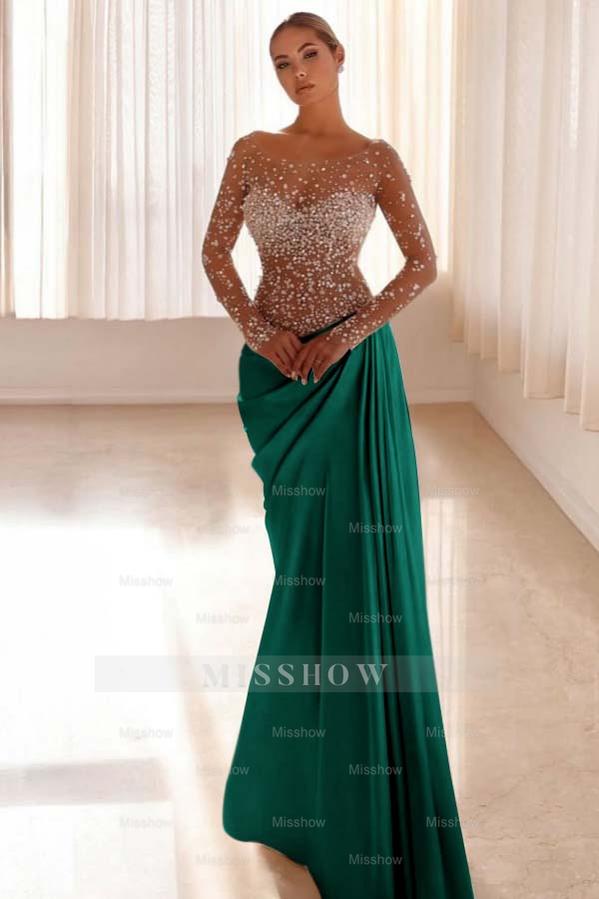 Jewel Neck Long Sleeves Long Mermaid Formal Dress With Pleated