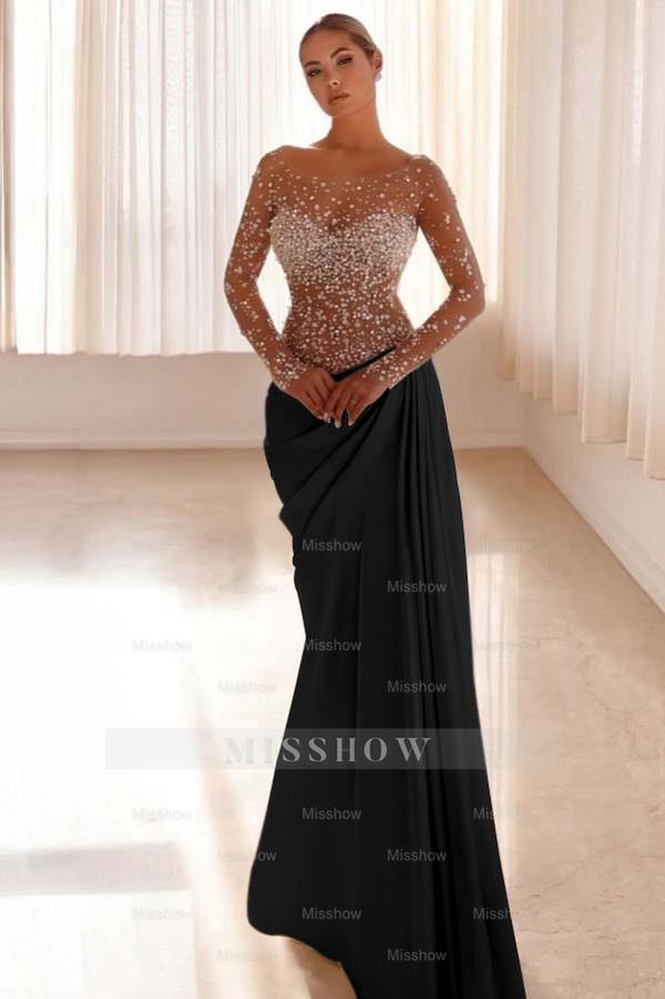Jewel Neck Long Sleeves Long Mermaid Formal Dress With Pleated